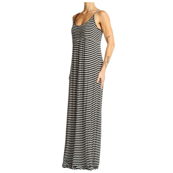 Calvin Klein Women’s Spaghetti Strap Black/White Striped Maxi Summer Dress Sz 4 - Picture 2 of 10